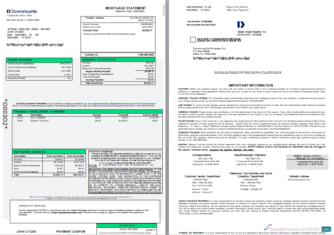Download USA Dovenmuehle mortgage statement, 3 pages 1 2 scr Photoshop template